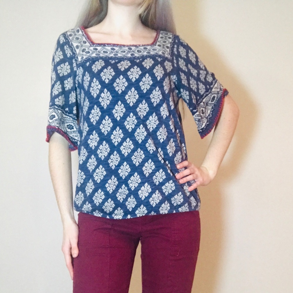 Lucky Brand Patterned Babydoll Bell Sleeve Top